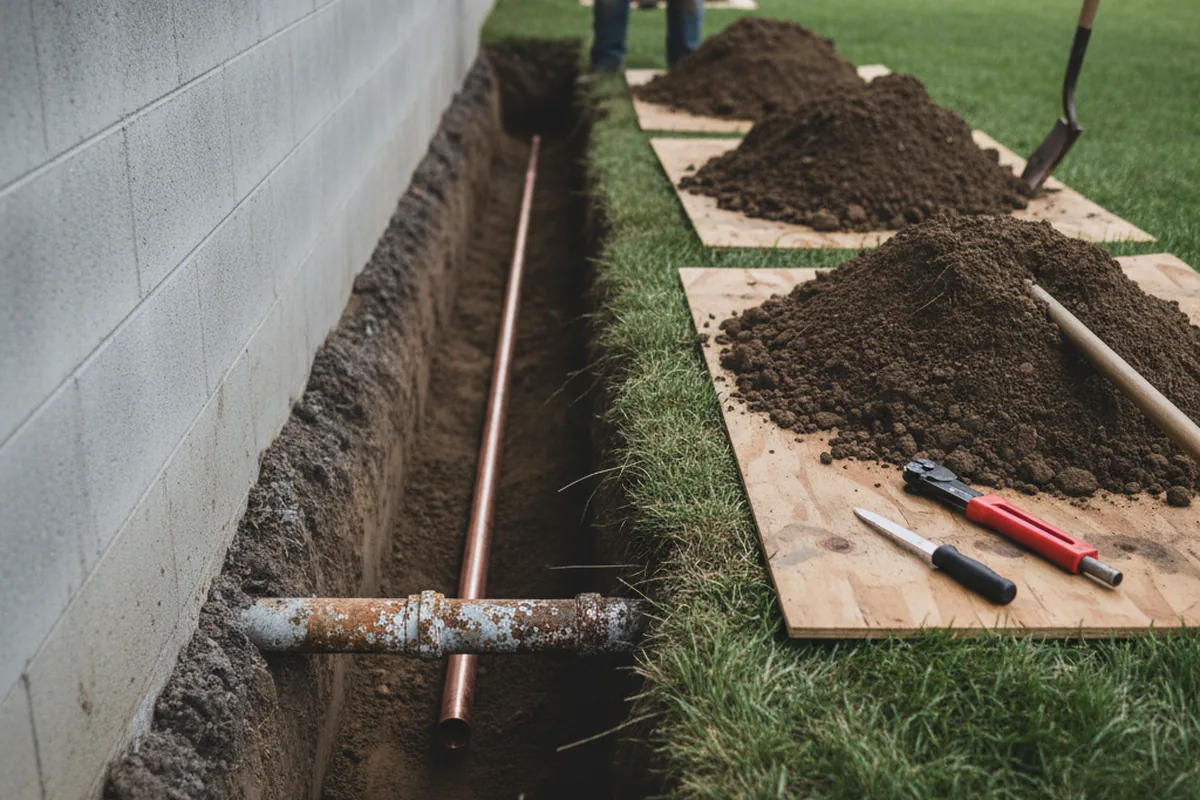 Excavated water line trench during Water Softener Installation in Muenster